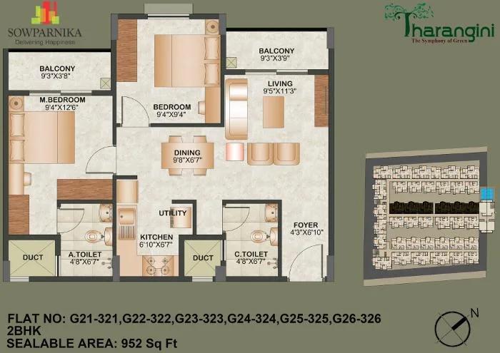 Sowparnika Tharangini 2 BHK floor plan, about 952 sq ft