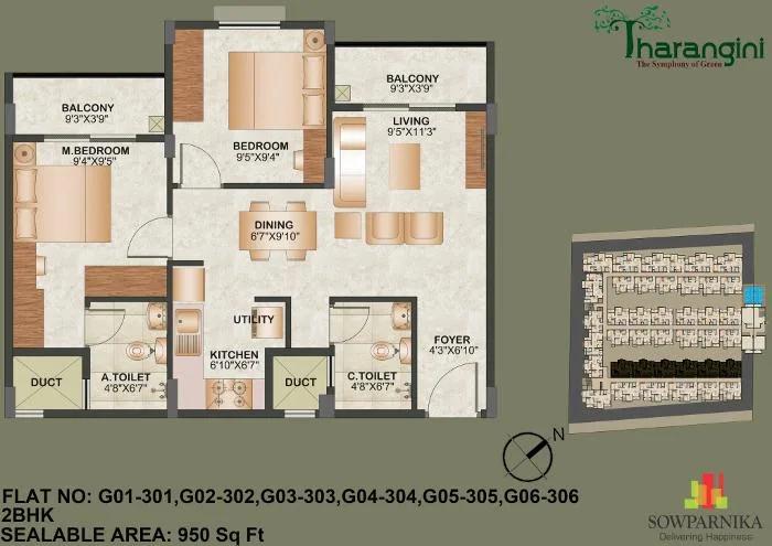 Sowparnika Tharangini 2 BHK floor plan, about 950 sq ft