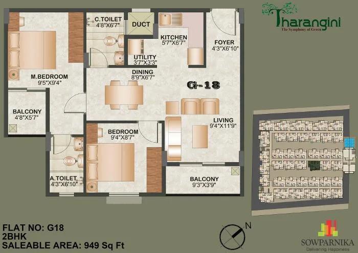 Sowparnika Tharangini 2 BHK floor plan, about 949 sq ft