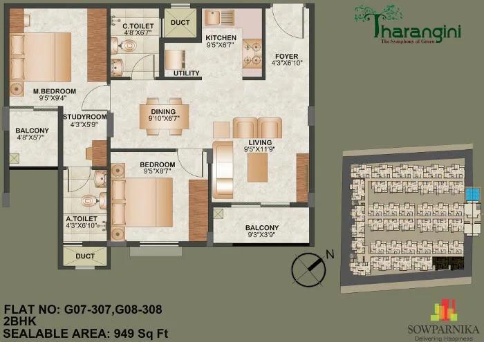 Sowparnika Tharangini 2 BHK floor plan, about 949 sq ft