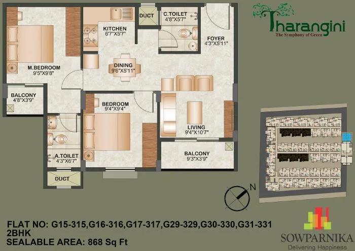 Sowparnika Tharangini 2 BHK floor plan, about 868 sq ft