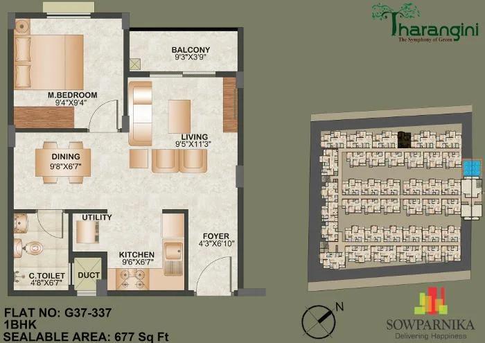 Sowparnika Tharangini 1 BHK floor plan, about 677 sq ft