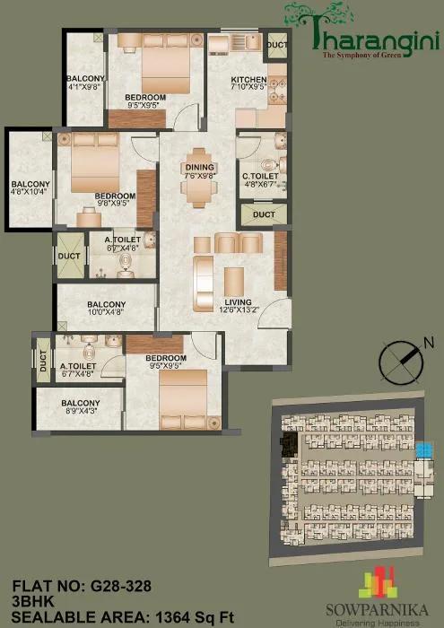 Sowparnika Tharangini 3 BHK floor plan, about 1,364 sq ft