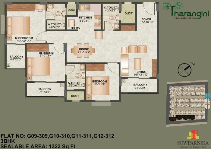 Sowparnika Tharangini 3 BHK floor plan, about 1,322 sq ft