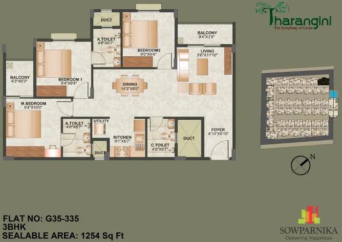 Sowparnika Tharangini 3 BHK floor plan, about 1,254 sq ft