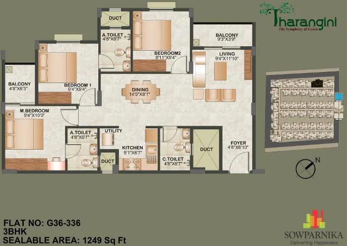Sowparnika Tharangini 3 BHK floor plan, about 1,249 sq ft