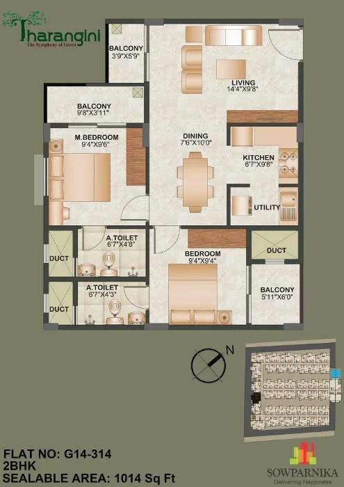 Sowparnika Tharangini 2 BHK floor plan, about 1,014 sq ft