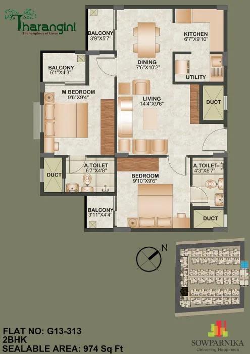 Sowparnika Tharangini 2 BHK floor plan, about 974 sq ft
