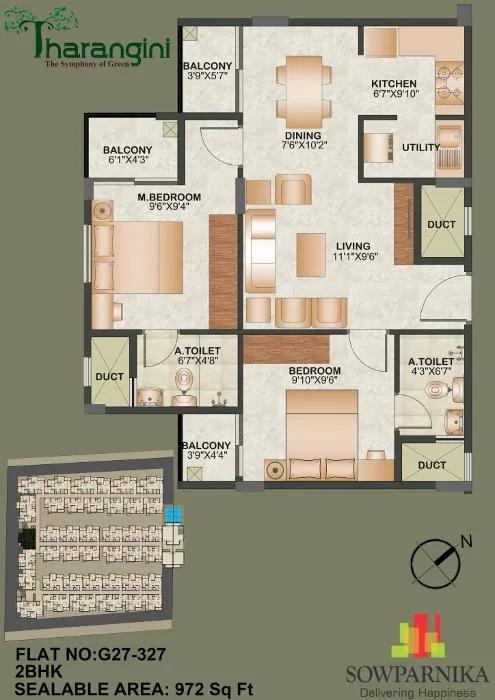 Sowparnika Tharangini 2 BHK floor plan, about 972 sq ft