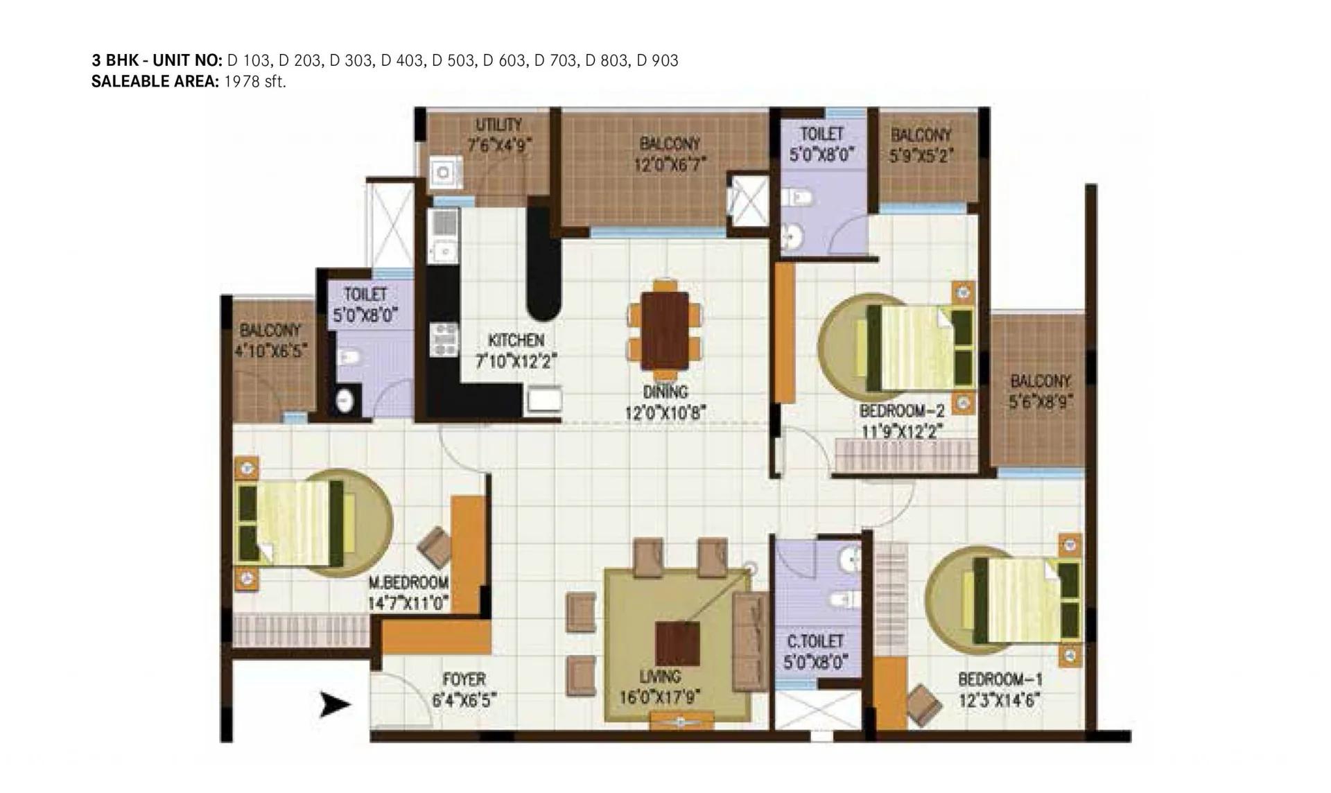 Century Central 3 BHK floor plan, about 1,978 sq ft