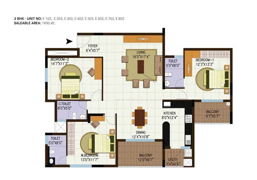 Century Central 3 BHK floor plan, about 1,900 sq ft
