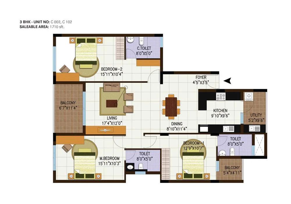 Century Central 3 BHK floor plan, about 1,710 sq ft