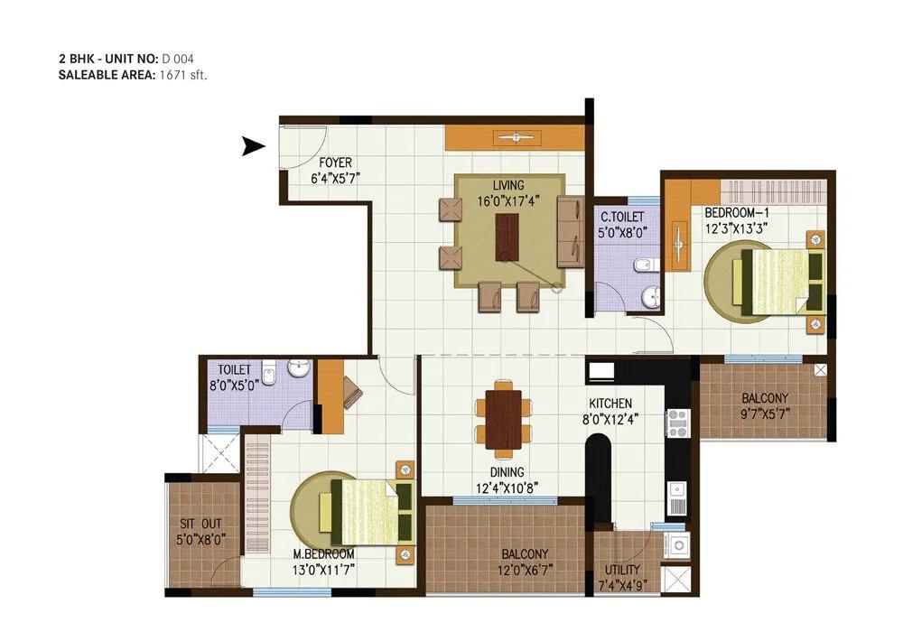 Century Central 2 BHK floor plan, about 1,671 sq ft