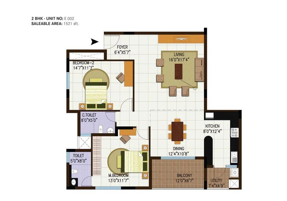 Century Central 2 BHK floor plan, about 1,521 sq ft