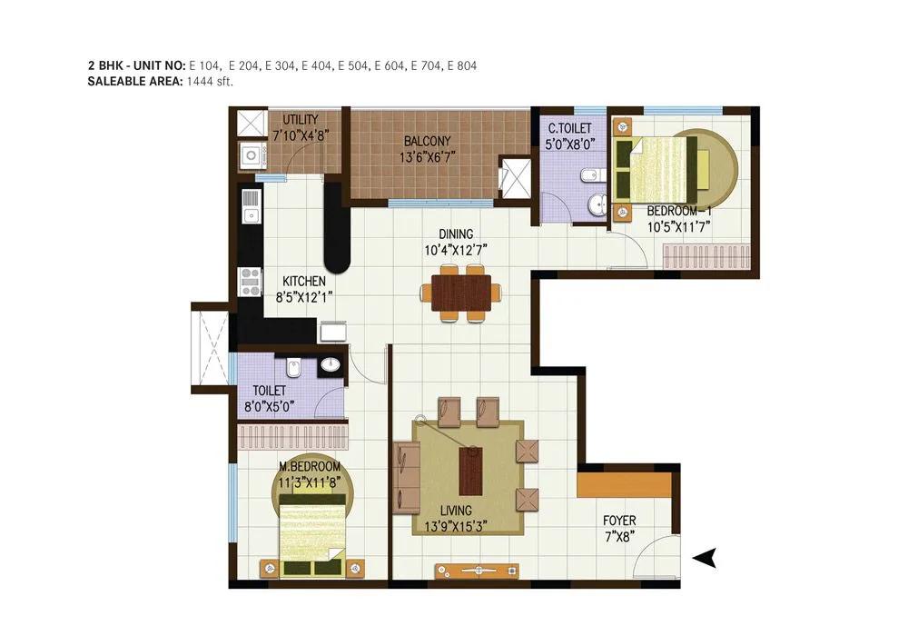 Century Central 2 BHK floor plan, about 1,444 sq ft