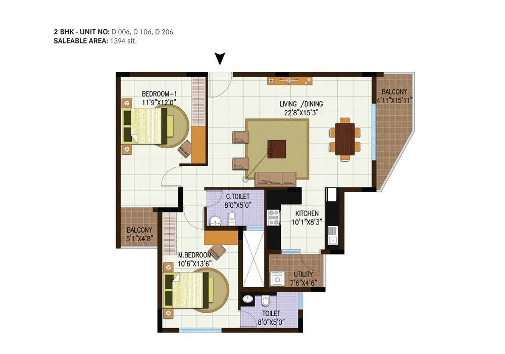Century Central 2 BHK floor plan, about 1,394 sq ft