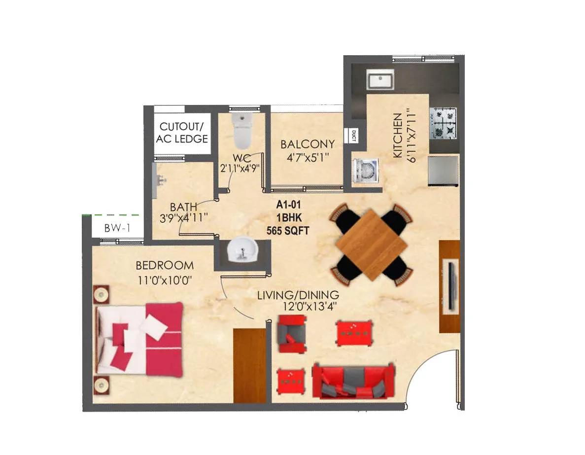 SNN Raj Etternia 1 BHK floor plan, about 565 sq ft