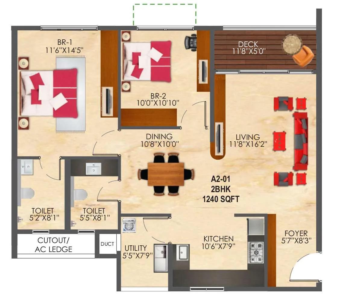 SNN Raj Etternia 2 BHK floor plan, about 1,240 sq ft