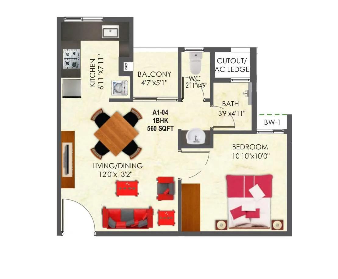 SNN Raj Etternia 1 BHK floor plan, about 560 sq ft