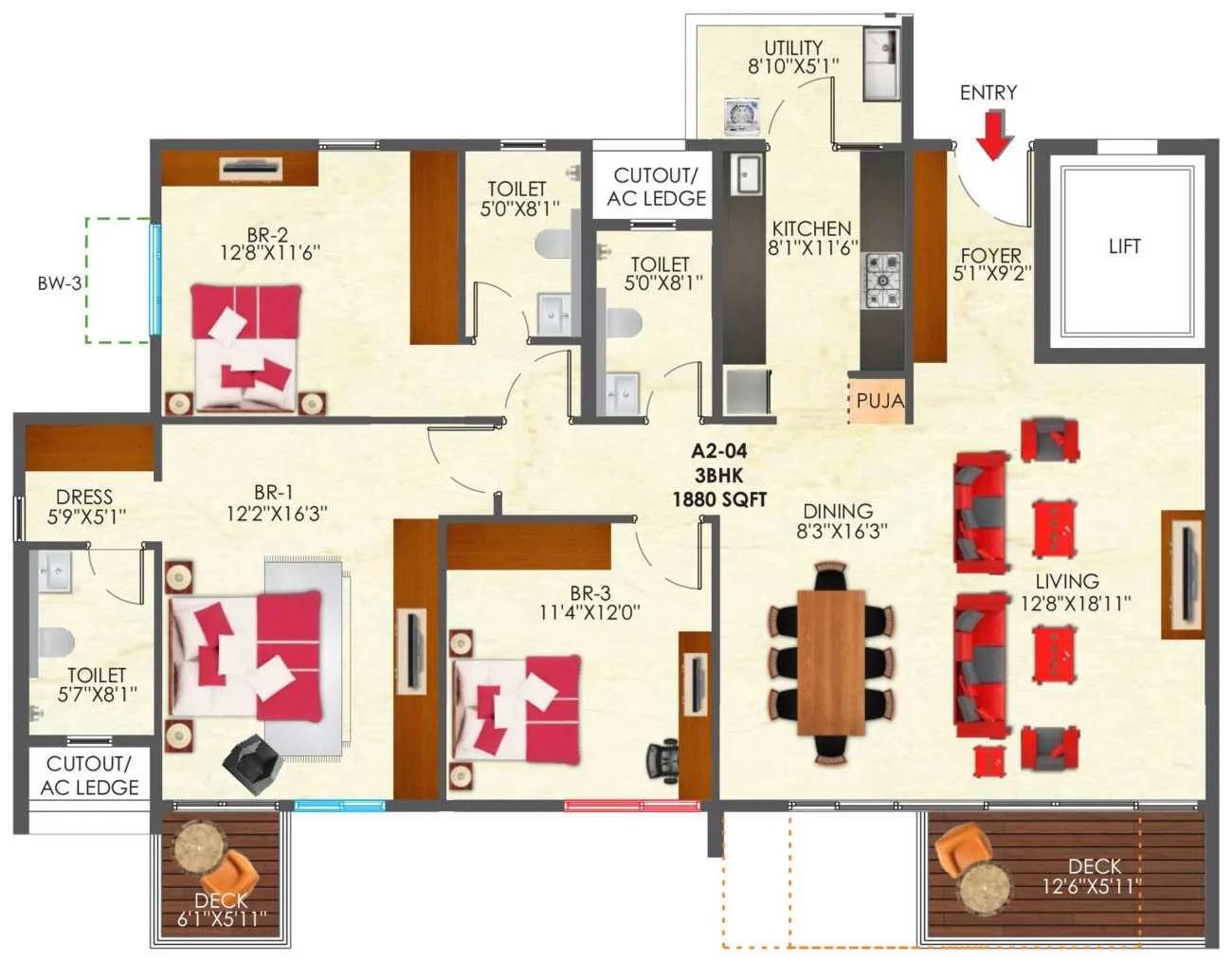 SNN Raj Etternia 3 BHK floor plan, about 1,880 sq ft