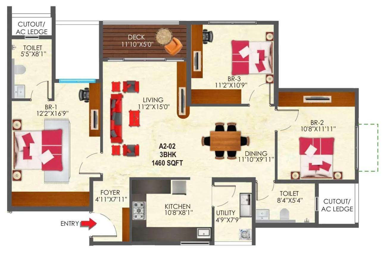SNN Raj Etternia 3 BHK floor plan, about 1,460 sq ft