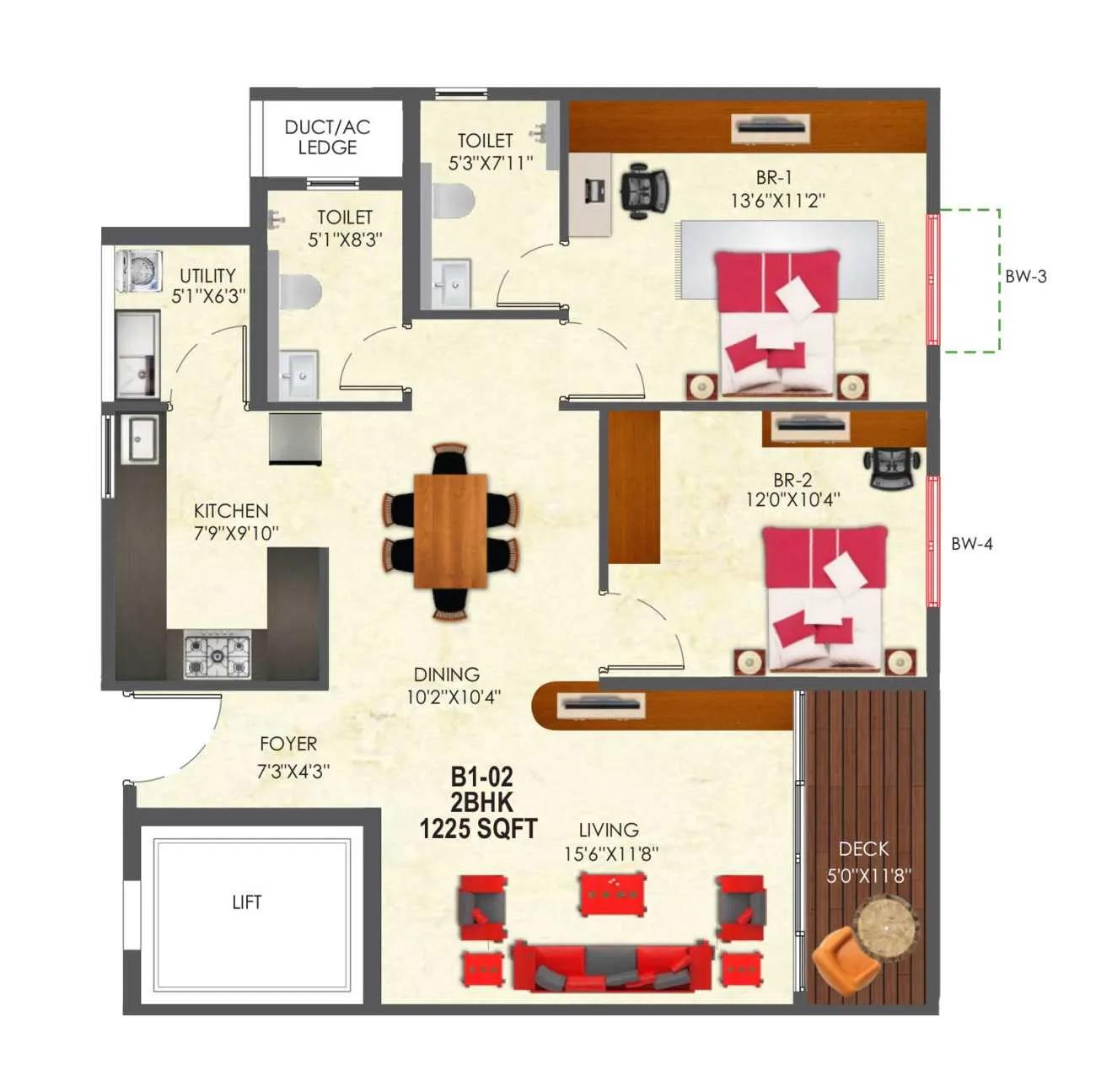 SNN Raj Etternia 2 BHK floor plan, about 1,225 sq ft