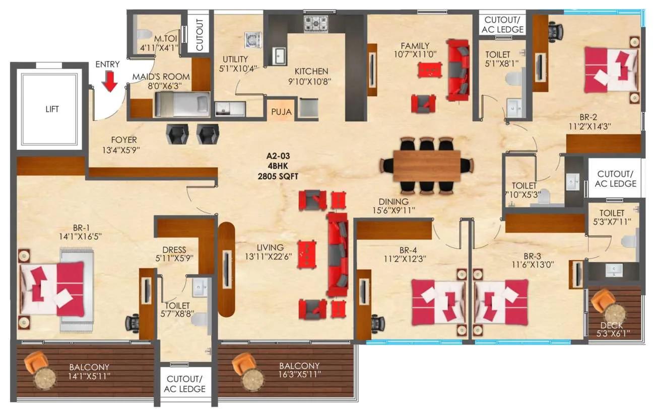 SNN Raj Etternia 4 BHK floor plan, about 2,805 sq ft