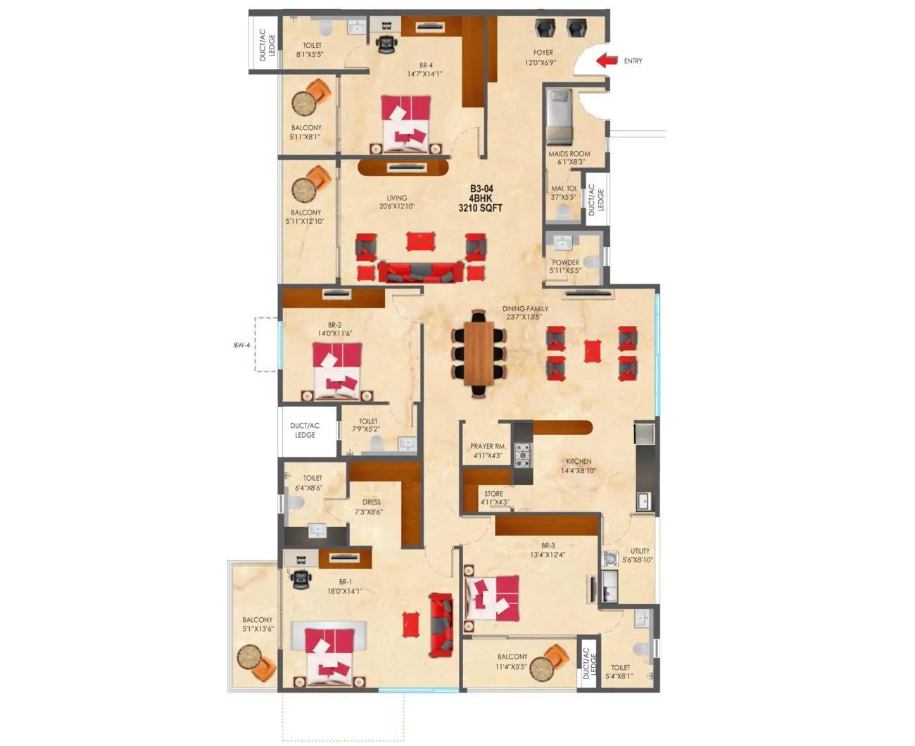 SNN Raj Etternia 4 BHK floor plan, about 3,210 sq ft