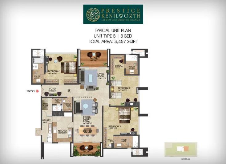 Prestige Kenilworth 3 BHK floor plan, about 3,457 sq ft