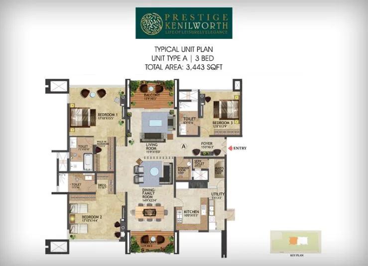 Prestige Kenilworth 3 BHK floor plan, about 3,443 sq ft