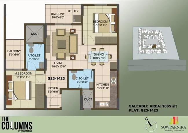 Sowparnika Columns 2 BHK floor plan, about 1,065 sq ft