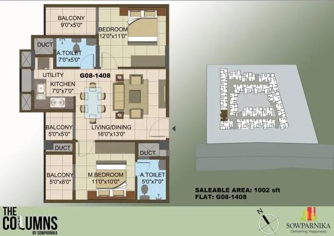 Sowparnika Columns 2 BHK floor plan, about 1,002 sq ft