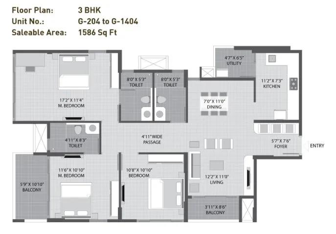 Arvind Sporcia 3 BHK floor plan, about 1,586 sq ft