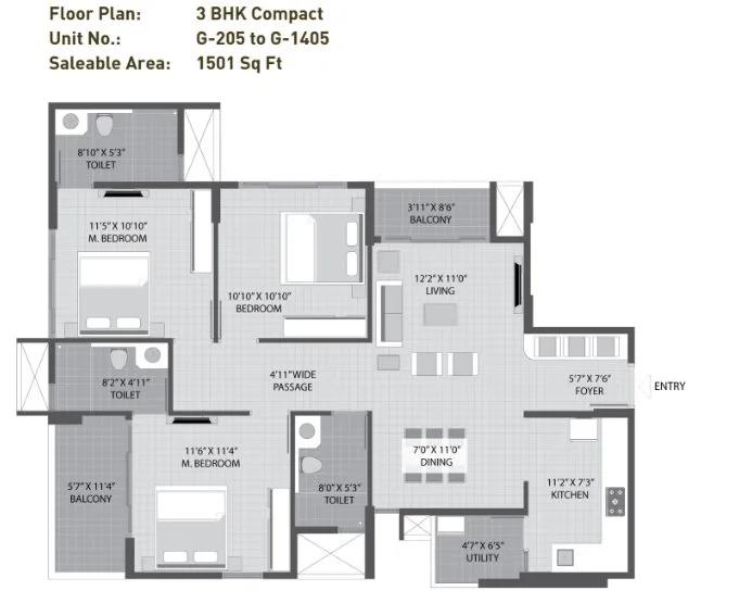 Arvind Sporcia 3 BHK floor plan, about 1,501 sq ft