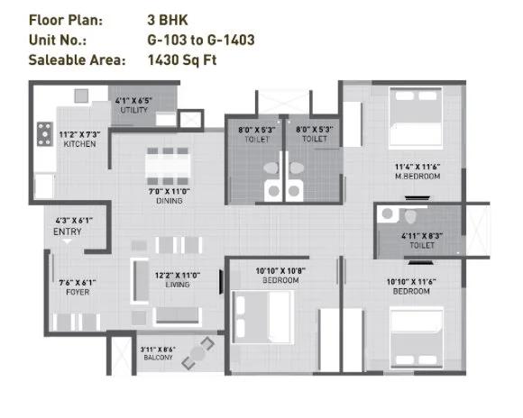Arvind Sporcia 3 BHK floor plan, about 1,430 sq ft