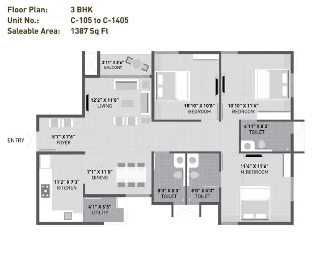 Arvind Sporcia 3 BHK floor plan, about 1,387 sq ft