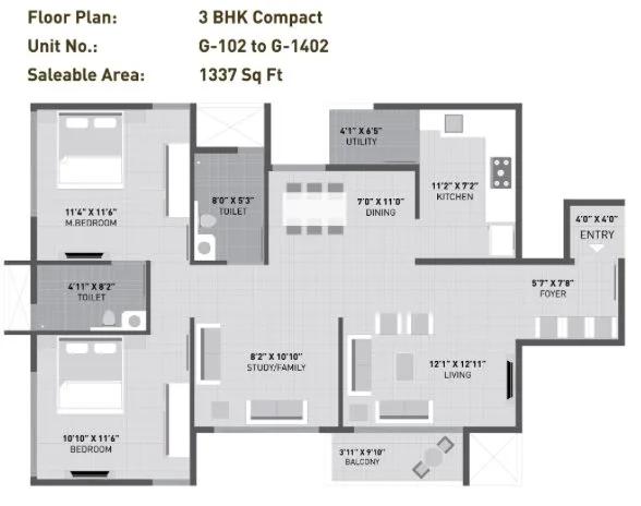 Arvind Sporcia 3 BHK floor plan, about 1,337 sq ft