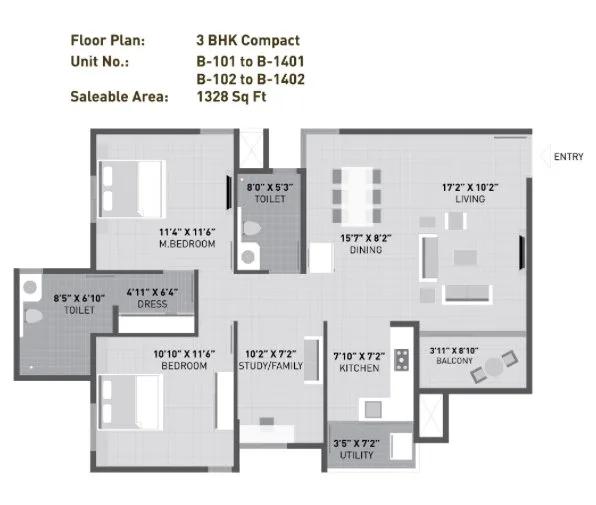 Arvind Sporcia 3 BHK floor plan, about 1,328 sq ft