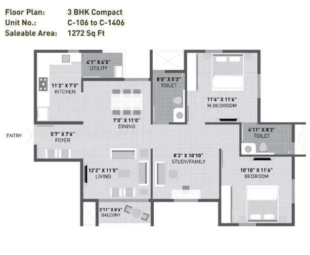 Arvind Sporcia 3 BHK floor plan, about 1,272 sq ft