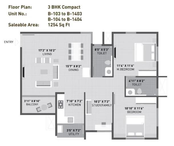 Arvind Sporcia 3 BHK floor plan, about 1,254 sq ft