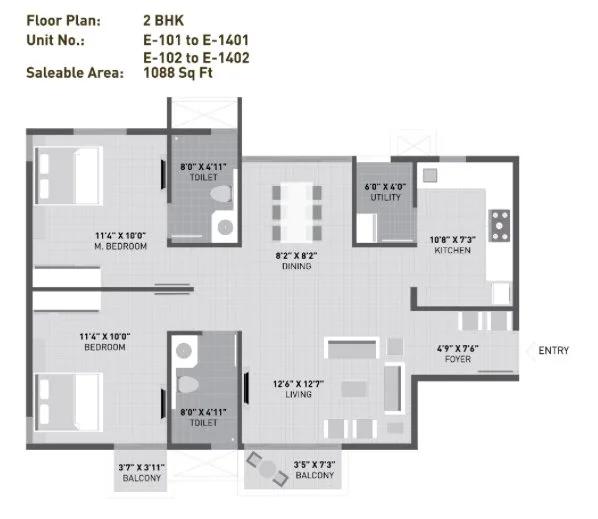 Arvind Sporcia 2 BHK floor plan, about 1,088 sq ft