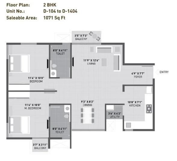 Arvind Sporcia 2 BHK floor plan, about 1,071 sq ft