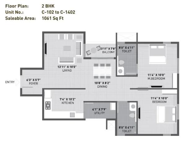 Arvind Sporcia 2 BHK floor plan, about 1,061 sq ft