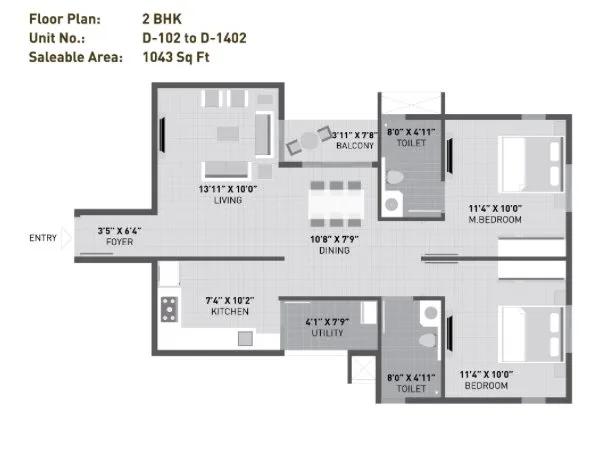 Arvind Sporcia 2 BHK floor plan, about 1,043 sq ft