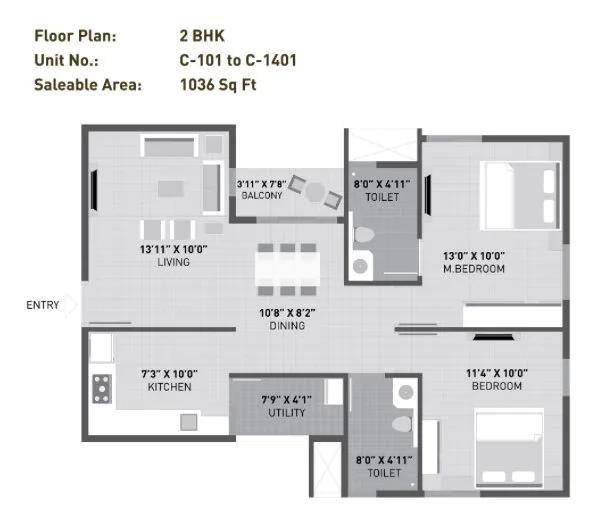 Arvind Sporcia 2 BHK floor plan, about 1,036 sq ft
