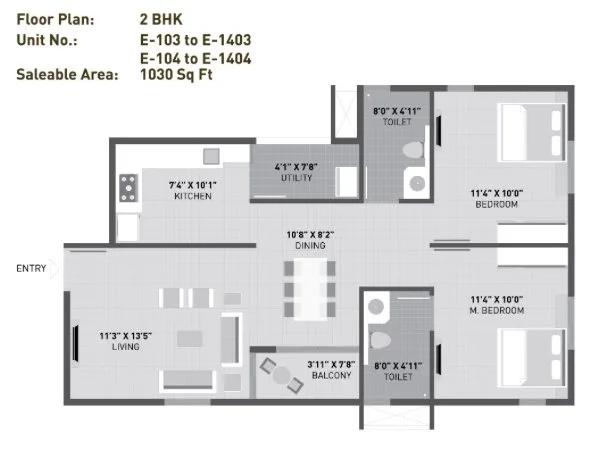 Arvind Sporcia 2 BHK floor plan, about 1,030 sq ft