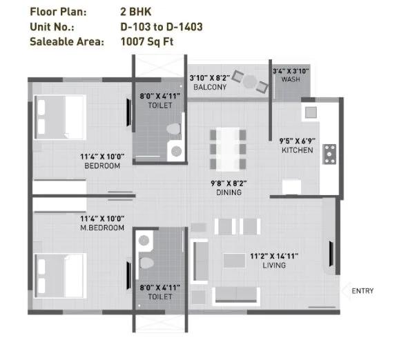 Arvind Sporcia 2 BHK floor plan, about 1,007 sq ft