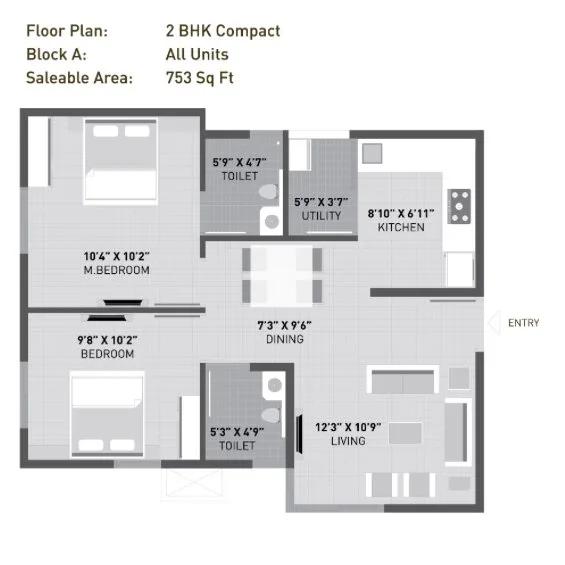 Arvind Sporcia 2 BHK floor plan, about 753 sq ft