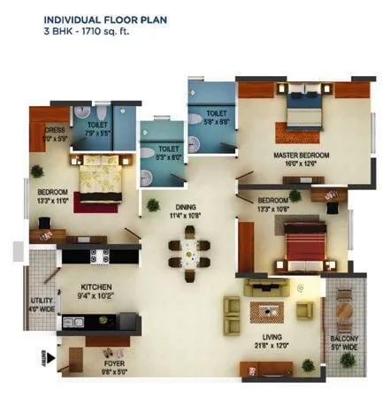 Mantri Serenity 3 BHK floor plan, about 1,710 sq ft
