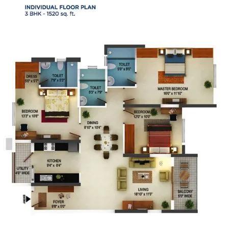 Mantri Serenity 3 BHK floor plan, about 1,520 sq ft
